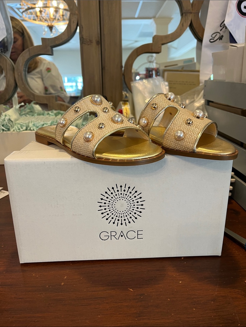 Grace Gold and Natural Pearl-Studded Slide Sandals